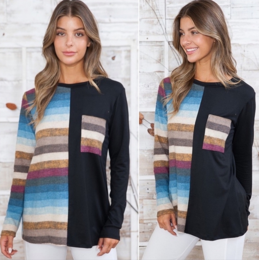 Gorgeous hacci brushed soft trendy striped womens pocket top